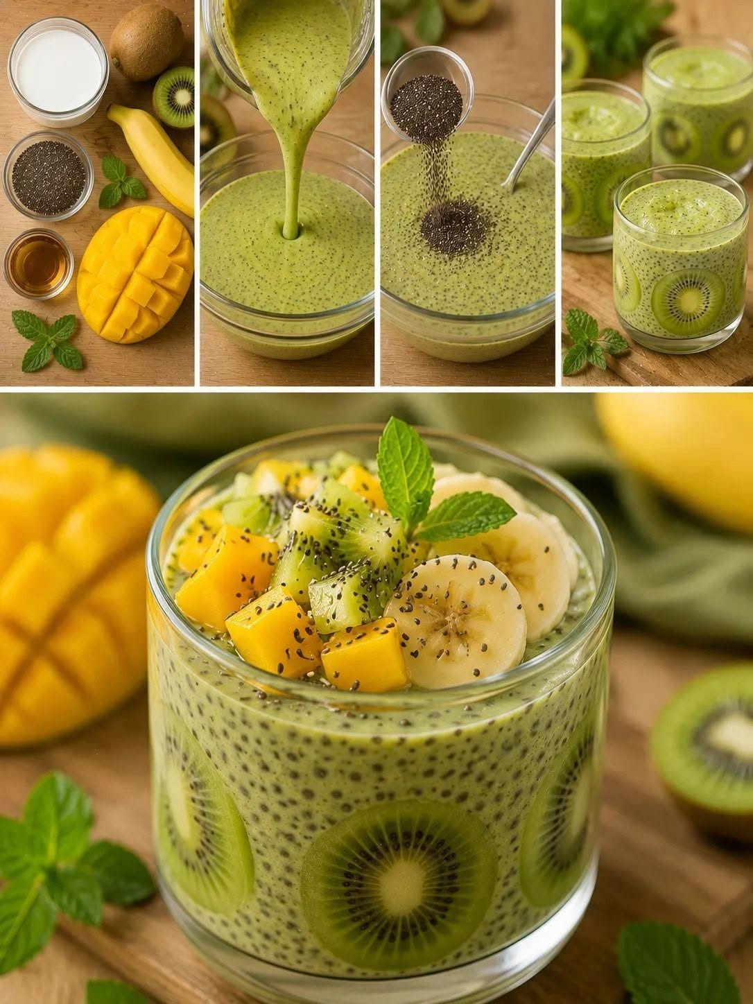 Tropický chia puding – zdravé kiwi, mango a banán