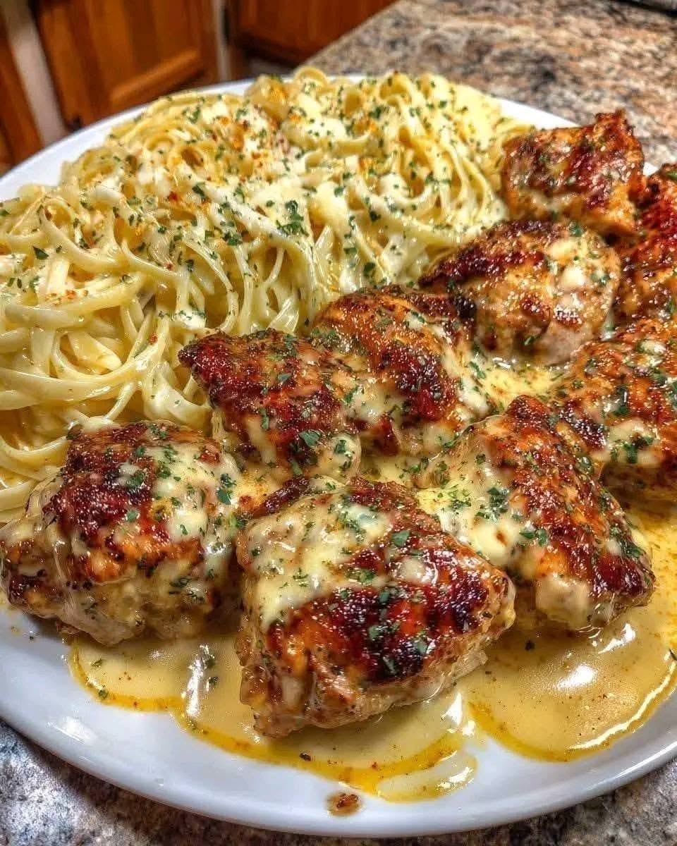 Krémové kuracie mäso s cesnakom a maslom s linguine Alfredo, varené vo fritéze