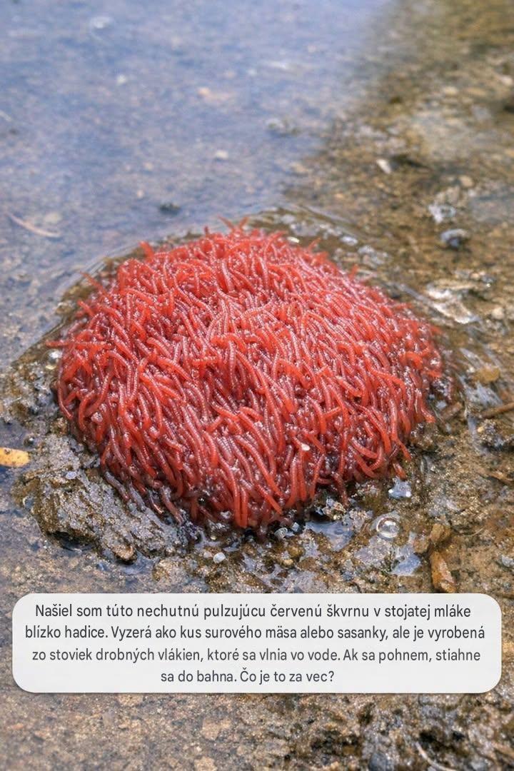 Našiel som túto nechutnú pulzujúcu červenú škvrnu v stojatej mláke blízko hadice. Vyzerá ako kus surového mäsa alebo sasanky, ale je vyrobená zo stoviek drobných vlákien, ktoré sa vlnia vo vode. Vtiahne sa.